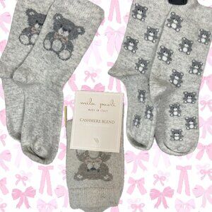 Mila Paoli Made In Italy Gray Teddy Bear Graphic Cashmere Wool Blend Crew Socks